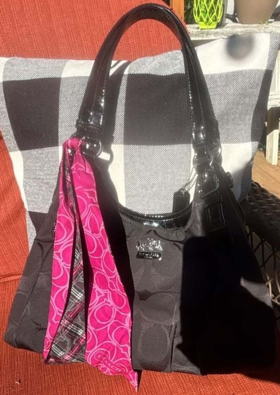 Coach Signature C Black Jacquard & Patent Leather Shoulder Bag Hobo Purse